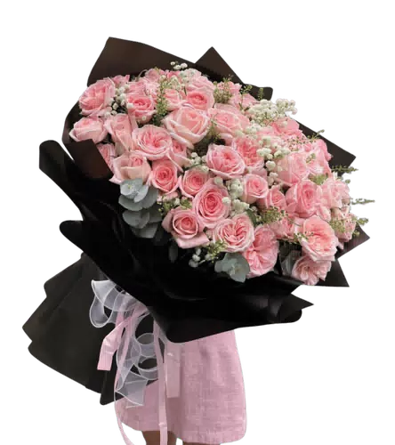 Bó Hoa Hồng Phấn Cỡ Lớn Gói Đen