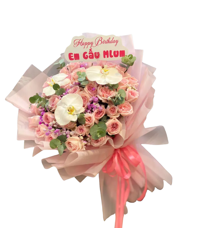 Bó Hoa Hồng Phấn Phối Lan Trắng