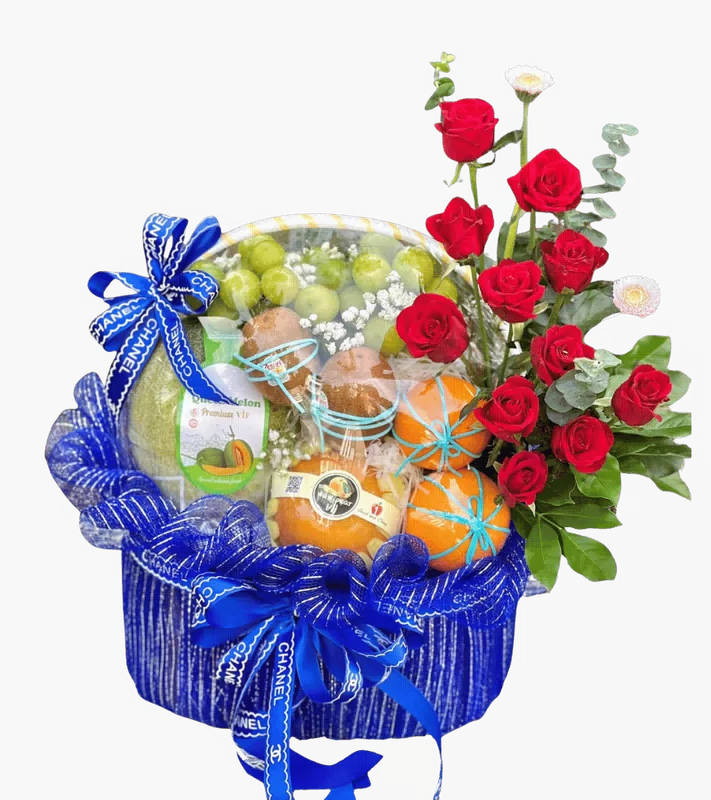 Giỏ Trái Cây Phối Hồng Đỏ Tông Xanh
