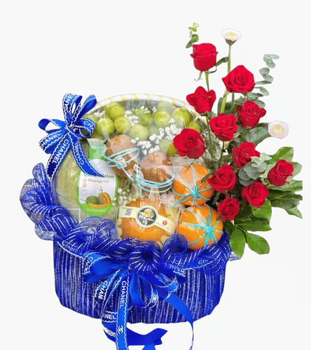Giỏ Trái Cây Phối Hồng Đỏ Tông Xanh